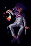  1boy :d arm_support bangs black_background black_footwear burning buttons checkered checkered_scarf closed_eyes commentary_request danganronpa_(series) danganronpa_v3:_killing_harmony double-breasted fire grey_jacket grey_pants holding invisible_chair jacket male_focus multicolored multicolored_clothes multicolored_scarf open_mouth ouma_kokichi pants paper pink_footwear purple_hair purple_scarf sasakama_(sasagaki01) scarf shoes sitting smile solo white_scarf 
