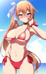  1girl antenna_hair bangs bikini blue_eyes blue_sky blush breasts brown_hair cleavage closed_mouth cloud cloudy_sky fal_(girls&#039;_frontline) girls&#039;_frontline hair_between_eyes hair_ribbon hand_on_own_cheek hand_on_own_face highres long_hair looking_at_viewer navel ocean red_bikini ribbon sayossa_(pak-front) side_ponytail sky solo summer swimsuit wet 