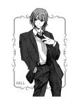  1boy adjusting_clothes adjusting_necktie alternate_costume character_name formal greyscale hall_(senjuushi) hand_in_pocket hatching_(texture) kinoshita_sakura linear_hatching looking_to_the_side loose_necktie male_focus mixed_media monochrome necktie senjuushi:_the_thousand_noble_musketeers senjuushi_(series) smile solo suit 