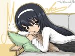 1girl black_hair bukkuri commentary_request couch covered_mouth eyebrows_visible_through_hair girls_und_panzer hairband long_hair long_sleeves looking_at_viewer lying on_couch open_mouth pillow pillow_hug reizei_mako shirt white_hairband white_shirt yellow_eyes 