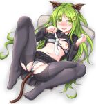  1girl anal anal_object_insertion anal_tail animal_ears bar_censor black_legwear black_serafuku black_shirt black_skirt breasts butt_plug cat_ears cat_tail censored commission crescent crescent_hair_ornament fake_animal_ears fake_tail green_eyes green_hair hair_ornament highres kantai_collection knck long_hair lying miniskirt nagatsuki_(kancolle) navel neckerchief nipples object_insertion on_back one_breast_out panties panties_aside pantyhose pleated_skirt school_uniform serafuku sex_toy shirt short_sleeves skeb_commission skirt small_breasts solo tail torn_clothes torn_legwear underwear white_neckwear 