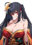  1girl :p azur_lane bangs bare_shoulders black_hair breasts cleavage eyebrows_visible_through_hair hair_ornament highres japanese_clothes kimono large_breasts licking_lips looking_at_viewer nakatama_kyou naughty_face partially_undressed pointing pointing_at_viewer red_eyes seductive_smile shiny shiny_hair smile solo taihou_(azur_lane) tongue tongue_out twintails undressing upper_body 