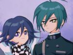  1990s_(style) 2boys ahoge alternate_hair_color arms_behind_head bangs black_hair black_jacket black_scarf blush brown_eyes buttons checkered checkered_scarf closed_mouth commentary_request danganronpa_(series) danganronpa_v3:_killing_harmony double-breasted flipped_hair frown gradient gradient_background green_hair hair_between_eyes jacket looking_at_viewer male_focus multiple_boys ouma_kokichi pink_hair profile retro_artstyle saihara_shuuichi sasakama_(sasagaki01) scarf short_hair smile white_scarf 