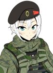  1girl bangs beret black_headwear blue_eyes camouflage camouflage_jacket closed_mouth hair_between_eyes hat jacket long_sleeves looking_at_viewer military military_hat military_uniform original sayossa_(pak-front) simple_background smile solo uniform vest white_background white_hair 