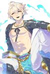  1boy abs ahoge aladdin_(sinoalice) arabian_clothes bad_id bad_pixiv_id baggy_pants bare_pectorals blonde_hair blue_eyes boots chain eyebrows_visible_through_hair gold happy highres jewelry looking_at_viewer male_focus necklace open_mouth pants pectorals short_hair simple_background sinoalice sitting skky3 solo waist_cape white_background 