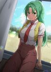  1girl blush dress green_eyes green_hair highres higurashi_no_naku_koro_ni leaning_back lens_flare looking_at_viewer open_clothes open_vest oshiza ponytail red_dress red_neckwear shirt smile sonozaki_mion vest white_curtains window yellow_vest 