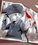  1boy bangs blood blush blush_stickers broken_photo cigarette commentary_request danganronpa_(series) danganronpa_v3:_killing_harmony half-closed_eye hat highres holding_hands hoshi_ryouma jacket long_sleeves looking_at_viewer male_focus mouth_hold one_eye_closed photo_(object) shirt short_hair sketch smile solo_focus spot_color striped striped_shirt suurin_(ksyaro) tree upper_body very_short_hair 