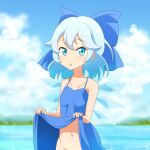  1girl :o bangs bare_arms bare_shoulders blue_bow blue_dress blue_eyes blue_hair blue_sky bow cato_(monocatienus) cirno clothes_lift cloud collarbone commentary_request day dress dress_lift eyebrows_visible_through_hair hair_bow highres ice ice_wings lake lifted_by_self looking_at_viewer navel no_panties open_mouth out-of-frame_censoring outdoors short_hair sky solo touhou upper_body wings 