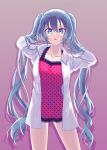  1girl bangs blue_eyes blue_hair blush collarbone collared_shirt floating_hair gradient gradient_background hair_between_eyes hands_in_hair hatsune_miku highres long_hair long_sleeves open_clothes open_mouth open_shirt pikata polka_dot_skirt purple_background red_shirt shiny shiny_hair shiny_skin shirt solo standing twintails very_long_hair vocaloid white_shirt wing_collar 