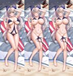 1girl azur_lane blue_nails bow breasts censored closed_eyes cum cum_on_body cum_on_breasts cum_on_stomach dakimakura_(medium) glass_bottle grey_eyes hair_bow heart heart_censor large_breasts long_hair looking_at_viewer lying multiple_views nail_polish nipples o-ring o-ring_swimsuit official_alternate_costume on_back outdoors ponytail purple_bow purple_swimsuit sand seashell shadow shell silver_hair soda_bottle solo surfboard swimsuit untied_swimsuit very_long_hair vittorio_veneto_(azur_lane) vittorio_veneto_(the_flower_of_la_spezia)_(azur_lane) wr_(929481795) 