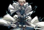  1boy angry belt black_background blonde_hair blue_eyes clenched_teeth dong_hole english_commentary fingerless_gloves gloves glowing glowing_eyes guilty_gear guilty_gear_x guilty_gear_xx highres holding holding_weapon ky_kiske lightning male_focus short_hair simple_background sword teeth weapon 