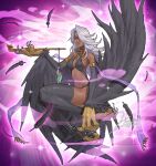  1girl animal_feet animal_hands armlet artist_name bag bare_shoulders black_feathers black_legwear black_wings breasts choker claws dark-skinned_female dark_skin feathered_wings feathers hair_over_one_eye holding holding_pipe jin_(sirius-j) long_hair medium_breasts midriff mole mole_under_mouth original parody parted_lips pink_background pipe red_eyes signature smoke solo stirrup_legwear style_parody talons thighhighs toeless_legwear white_hair winged_arms wings yu-gi-oh! 