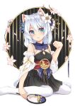  1girl :/ absurdres animal_ears artist_request bangs bare_shoulders blue_eyes breasts cat_ears chinese_clothes closed_mouth earrings fan flower hair_between_eyes hair_flower hair_ornament highres holding honkai_(series) honkai_impact_3rd jewelry leggings looking_at_viewer on_floor sitting small_breasts solo theresa_apocalypse theresa_apocalypse_(starlit_astrologos) wariza white_background white_flower white_hair white_legwear zhuge_kongming_(honkai_impact) 
