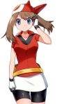  1girl bangs bike_shorts blue_eyes breasts brown_hair closed_mouth collarbone collared_shirt commentary cowboy_shot eyelashes fanny_pack floating_hair gloves hand_up highres long_hair may_(pokemon) pokemon pokemon_(game) pokemon_rse red_bandana red_shirt shiny shiny_clothes shiny_skin shirt short_sleeves sideways_glance simple_background skirt smile solo split_mouth white_background white_gloves white_skirt yellow_bag yuihico 