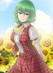  1girl arm_strap arms_behind_back ascot bangs blue_sky breasts cloud cowboy_shot day eyebrows_visible_through_hair flower frilled_ascot frilled_shirt frills garden_of_the_sun green_hair hair_between_eyes highres kazami_yuuka large_breasts lens_flare light_smile long_sleeves looking_at_viewer one-hour_drawing_challenge open_clothes open_vest outdoors plaid plaid_skirt plaid_vest puffy_long_sleeves puffy_sleeves red_eyes red_skirt red_vest shiny shiny_hair shirt short_hair skirt skirt_set sky solo sunflower sunlight touhou vest white_shirt y2 yellow_neckwear 