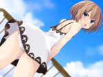  1girl ass bare_shoulders blanc blue_eyes blush breasts brown_hair dress iwashi_dorobou_-r- looking_at_viewer neptune_(series) open_mouth panties short_hair small_breasts solo underwear white_dress white_panties 
