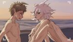  2boys after_fellatio beach blush brown_hair completely_nude cum danganronpa_(series) danganronpa_2:_goodbye_despair facial from_side green_eyes grey_hair hinata_hajime knees_up komaeda_nagito looking_at_another looking_at_viewer male_focus messy_hair multiple_boys nude ocean open_mouth outdoors shirtless sitting smile spiked_hair white_hair yandr4hope yaoi 