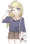  1girl :d ;d akamatsu_kaede amami_rantarou amami_rantarou_(cosplay) arm_at_side bag bangs blonde_hair blush brown_shorts collarbone commentary_request cosplay cowboy_shot danganronpa_(series) danganronpa_v3:_killing_harmony ear_piercing eyebrows_visible_through_hair fc_(efushii) hair_ornament hand_up horizontal_stripes jewelry long_hair looking_at_viewer necklace one_eye_closed open_mouth piercing shiny shiny_hair shirt shirt_tucked_in short_shorts short_sleeves shorts shoulder_bag smile solo striped striped_shirt white_background white_bag wide_sleeves 