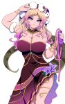  1girl african_rock_python_(kemono_friends) arm_up bare_shoulders blonde_hair breasts closed_mouth dress eyelashes flower hand_up hat head_tilt highres holding holding_whip jewelry kemono_friends large_breasts long_hair looking_at_viewer mamiyama multicolored_hair purple_eyes purple_hair smile solo strapless strapless_dress two-tone_hair whip 