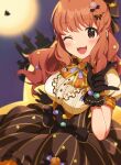  1girl :3 :d \m/ black_gloves blurry blurry_background blush bow breasts brown_eyes brown_skirt buttons cowboy_shot depth_of_field double-breasted eyebrows_visible_through_hair frilled_gloves frills gloves hair_bow high-waist_skirt highres idolmaster idolmaster_cinderella_girls idolmaster_cinderella_girls_starlight_stage inuyama_nanami large_breasts looking_at_viewer moroboshi_kirari one_eye_closed open_mouth orange_hair skirt smile solo 