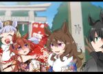  4girls amazake_(drink) animal_ears bangs beer_hsk black_hair blunt_bangs blurry blurry_background bow closed_eyes ear_ornament eyebrows_visible_through_hair floral_print fur_trim gold_ship_(umamusume) green_eyes hatsumoude horse_ears horse_girl japanese_clothes kimono kin&#039;iro_ryotei_(umamusume) long_hair multiple_girls nakayama_festa_(umamusume) new_year orfevre_(umamusume) pillarboxed pillbox_hat purple_eyes red_bow red_headwear red_kimono silver_hair torii umamusume wavy_hair 