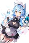  1girl alternate_costume animal_ears apron black_dress black_legwear blue_hair bottle breasts cat_ears cat_girl cat_tail cleavage cleavage_cutout clothing_cutout dress enmaided extra_ears garter_straps hand_on_hip heart_cutout highres holding hololive kemonomimi_mode large_breasts long_hair looking_at_viewer maid maid_apron maid_headdress panipo pointy_ears short_sleeves sidelocks simple_background solo tail tail_raised thighhighs tray virtual_youtuber waist_apron white_background wrist_cuffs yellow_eyes yukihana_lamy zettai_ryouiki 