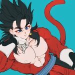  1boy abs bangs bare_arms bare_shoulders biceps black_hair blue_eyes dragon_ball_heroes earrings gloves haha_(haha_db) hand_on_own_cheek hand_on_own_face head_rest jewelry lying monkey_boy monkey_tail muscular muscular_male nipples obi pants potara_earrings red_fur red_pants sash simple_background solo spiked_hair super_saiyan super_saiyan_4 tail vegetto vegetto_(xeno) white_gloves 
