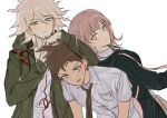  1girl 2boys ahoge back-to-back bangs black_jacket breast_pocket brown_hair brown_neckwear brown_skirt collarbone danganronpa_(series) danganronpa_2:_goodbye_despair eyebrows_visible_through_hair frown grey_eyes grey_hair grey_shirt hair_between_eyes hair_ornament hairclip hands_up hinata_hajime hood hood_down hooded_jacket jacket komaeda_nagito long_sleeves looking_at_viewer multiple_boys nanami_chiaki necktie pink_eyes pink_neckwear pocket print_shirt ribbon shirt short_hair simple_background skirt smile spaceship_hair_ornament vo1ez white_background 