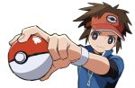  1boy blue_jacket bodysuit bodysuit_under_clothes bright_pupils brown_eyes brown_hair closed_mouth hand_up holding holding_poke_ball jacket male_focus nate_(pokemon) outstretched_arm poke_ball poke_ball_(basic) poke_ball_print pokemon pokemon_(game) pokemon_bw2 popped_collar red_headwear short_sleeves simple_background smile solo upper_body visor_cap white_background white_pupils yoko.u zipper_pull_tab 