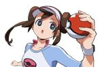  1girl :o bangs blurry bow bright_pupils brown_hair collarbone double_bun floating_hair green_eyes hand_up holding holding_poke_ball long_hair looking_to_the_side open_mouth pink_bow poke_ball poke_ball_(basic) pokemon pokemon_(game) pokemon_bw2 raglan_sleeves rosa_(pokemon) shirt simple_background solo tongue twintails visor_cap white_background white_pupils yoko.u 