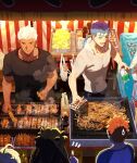  1girl 3boys ahoge archer_(fate) bag black_shirt blue_hair bottle can character_request closed_mouth cooking cu_chulainn_(fate)_(all) cu_chulainn_(fate/stay_night) dark_skin earrings emiya_shirou fate/stay_night fate_(series) food from_above hal_(haaaalhal) holding holding_can jewelry kebab light multiple_boys one_eye_closed open_mouth orange_hair pointing raglan_sleeves shirt short_sleeves skewer standing tagme tan tohsaka_rin two_side_up white_hair white_shirt 