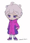  1boy ahoge bangs bede_(pokemon) chibi closed_mouth coat commentary_request curly_hair full_body grey_hair hand_in_pocket leggings male_focus omochi_kuenai pokemon pokemon_(game) pokemon_swsh popped_collar purple_coat purple_eyes shoes short_hair smile solo standing twitter_username white_legwear 