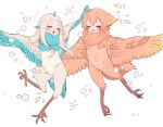  2girls animal_ears bachikin_(kingyo155) bangs bird_ears bird_legs bird_tail blue_feathers blue_wings blush closed_eyes commentary_request feathered_wings feathers flower harpy highres long_hair monster_girl multiple_girls neck_ruff open_mouth orange_feathers orange_hair orange_wings original scales short_hair simple_background tail tail_feathers talons thick_eyebrows two-tone_wings white_background white_feathers white_hair white_wings winged_arms wings 