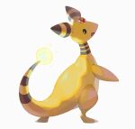  :d ampharos bluekomadori brown_eyes commentary english_commentary full_body gen_2_pokemon glowing legs_apart looking_back no_humans open_mouth pokemon pokemon_(creature) simple_background smile solo standing tongue white_background 