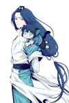  2boys animal_ears aqua_eyes black_hair blue_hair cat_boy cat_ears cat_tail green_eyes higashiyama_kazuko long_hair low-tied_long_hair luoxiaohei male_focus multiple_boys on_person short_hair tail the_legend_of_luo_xiaohei very_long_hair wind wind_lift wuxian_(the_legend_of_luoxiaohei) 