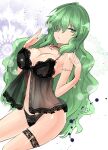 1girl babydoll bangs bare_arms bare_shoulders black_panties breasts cleavage commentary_request cowboy_shot eyebrows_visible_through_hair green_eyes green_hair hair_over_one_eye hands_up highres kazami_yuuka kazami_yuuka_(pc-98) large_breasts lingerie long_hair looking_at_viewer one-hour_drawing_challenge panties parted_lips solo thigh_strap thighs touhou touhou_(pc-98) underwear very_long_hair y2 