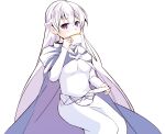  1girl absurdly_long_hair belly_chain blue_dress cloak commission commissioner_upload dress drinking expressionless fire_emblem fire_emblem:_the_binding_blade highres jewelry long_hair looking_at_viewer marianne_hanako purple_cloak purple_eyes purple_hair sitting skeb_commission solo sophia_(fire_emblem) tea teapot transparent_background very_long_hair 