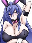  1girl animal_ears arm_under_breasts armband armpits arms_up bangs blue_hair blush bow bowtie breasts detached_collar detached_sleeves earrings eyebrows_visible_through_hair fake_animal_ears hair_between_eyes highres iris_heart jewelry kami_jigen_game_neptune_v large_breasts long_hair neptune_(series) pink_eyes pink_neckwear playboy_bunny power_symbol seshiro_(which501) simple_background solo symbol-shaped_pupils upper_body white_background 