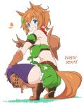  1girl animal_ears blue_eyes boots breasts brown_footwear brown_gloves brown_hair brown_headwear commentary_request eyebrows_visible_through_hair from_behind full_body gloves green_skirt hair_ornament hat_on_back highres horse_ears horse_girl large_breasts looking_at_viewer midriff purple_legwear short_hair simple_background skirt smile solo squatting star_(symbol) star_hair_ornament taiki_shuttle_(umamusume) thighs umamusume umanosuke v white_background 