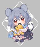  1girl :3 akagashi_hagane animal_ears basket black_dress black_footwear blue_capelet capelet chibi commentary_request dress eyebrows_visible_through_hair full_body grey_background grey_hair grey_legwear holding long_sleeves looking_at_viewer medium_hair mouse mouse_ears mouse_tail nazrin red_eyes shirt shoes socks solo stuffed_animal stuffed_tiger stuffed_toy tail touhou white_shirt 