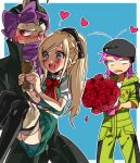  1girl 2boys :d ahoge bangs black_bow black_coat black_hair black_headwear black_legwear blue_background blue_eyes blush border bouquet bow bracelet braid carrying coat danganronpa_(series) danganronpa_2:_goodbye_despair dress fang feet_out_of_frame flower green_dress grey_hair hair_bow hamster happy hat heart heterochromia holding holding_another holding_bouquet jewelry long_hair multicolored_hair multiple_boys open_mouth pink_bow pink_hair pleated_dress ponytail princess_carry puffy_short_sleeves puffy_sleeves red_bow rose short_hair short_sleeves side_braid smile sonia_nevermind souda_kazuichi sun-d suurin_(ksyaro) tanaka_gandamu thighhighs white_border yellow_jumpsuit 