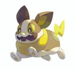  +_+ :d bluekomadori commentary dog english_commentary fangs full_body gen_8_pokemon green_eyes no_humans open_mouth paws pokemon pokemon_(creature) simple_background smile solo tongue tongue_out white_background yamper 