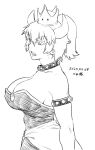  1girl armlet bowsette bracelet breasts cleavage collar crown dress greyscale horns jewelry mario_(series) monochrome new_super_mario_bros._u_deluxe ponytail sharp_teeth simple_background solo spiked_bracelet spiked_collar spikes super_crown teeth tsukudani_(coke-buta) white_background 