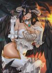 1girl albedo_(overlord) black_hair blush breasts cleavage demon_girl dress gloves highres horns jewelry large_breasts lips long_hair looking_at_viewer magion02 smile solo thighs white_dress wings 