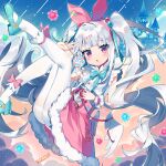  1girl arcaea arm_up bangs blush candy castle character_request chestnut_mouth eyebrows_visible_through_hair food fur-trimmed_skirt fur_trim hair_bobbles hair_ornament hairband hairclip holding holding_food knee_up leg_up lollipop long_hair looking_at_viewer pantyhose parted_lips pink_hairband pink_skirt purple_eyes shirt silver_hair skirt sleeveless sleeveless_shirt solo swirl_lollipop thighband_pantyhose twintails very_long_hair wagashi928 white_legwear white_shirt x_hair_ornament 