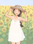  1girl :d adjusting_clothes adjusting_headwear afunai armpits bow braid brown_hair closed cowboy_shot dress field flower flower_field hair_bow hat hat_bow head_tilt highres long_hair open_mouth original see-through_silhouette silhouette single_braid smile solo standing straw_hat sun_hat sundress sunflower tan tanlines white_bow white_dress 