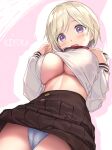  1girl blonde_hair breasts brown_skirt character_request clothes_lift collar cowboy_shot from_below houkago_no_goumon_shoujo kiba_satoshi large_breasts long_sleeves open_mouth panties pleated_skirt purple_eyes school_uniform shirt_lift short_hair skirt solo underboob underwear white_panties 