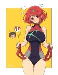  1boy 1girl bangs black_swimsuit breasts chest_jewel competition_swimsuit covered_collarbone headpiece highres large_breasts mochimochi_(xseynao) one-piece_swimsuit pyra_(pro_swimmer)_(xenoblade) pyra_(xenoblade) red_eyes red_hair red_swimsuit rex_(xenoblade) ribbed_swimsuit short_hair swept_bangs swimsuit tiara two-tone_swimsuit xenoblade_chronicles_(series) xenoblade_chronicles_2 