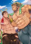  2boys abs animal_ears arsalan_(tokyo_houkago_summoners) bara beard black_bodysuit black_hair blush bodysuit bulge chest_hair couple facial_hair flame_print furry furry_with_non-furry halo highres hip_vent interspecies large_pectorals lion_boy lion_ears looking_at_another male_focus mature_male medium_hair multiple_boys muscular muscular_male navel nipples open_bodysuit pants pectorals pelvic_curtain shirtless short_hair sideburns skin_tight sky smile stomach stubble sweat thick_thighs thighs tight tight_pants tokyo_houkago_summoners towel towel_around_neck wiping_face wiping_sweat yaoi youzora_samo18 zabaniya_(tokyo_houkago_summoners) 