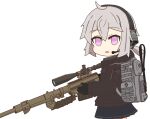  1girl :o aircraft antenna_hair backpack bag bangs bolt_action brown_jacket cheytac_m200 earmuffs girls&#039;_frontline gotoo grey_bag grey_hair gun hair_between_eyes highres holding holding_gun holding_weapon jacket long_sleeves looking_at_viewer looking_to_the_side m200_(girls&#039;_frontline) open_mouth ponytail purple_eyes rifle simple_background sniper_rifle solo weapon white_background 